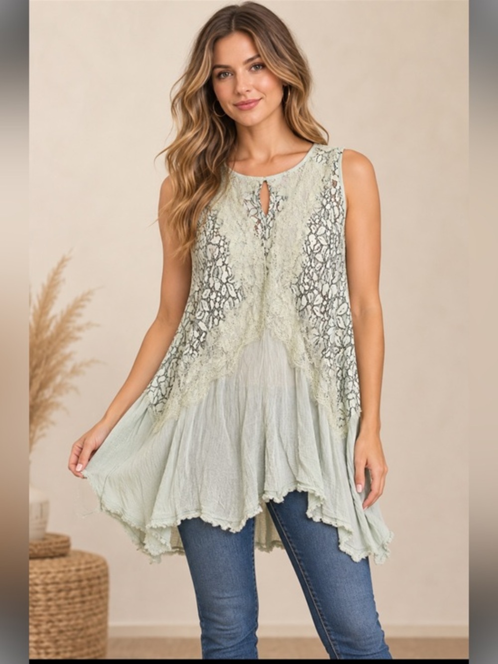 Umgee Size Small Mint Lace Sleeveless Long Tunic Blouse Boho